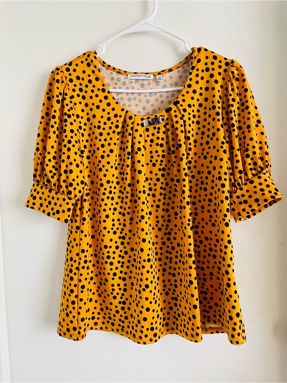 Notations Yellow Black Polka Dot Short Puff Sleeve Blouse New Without Tags